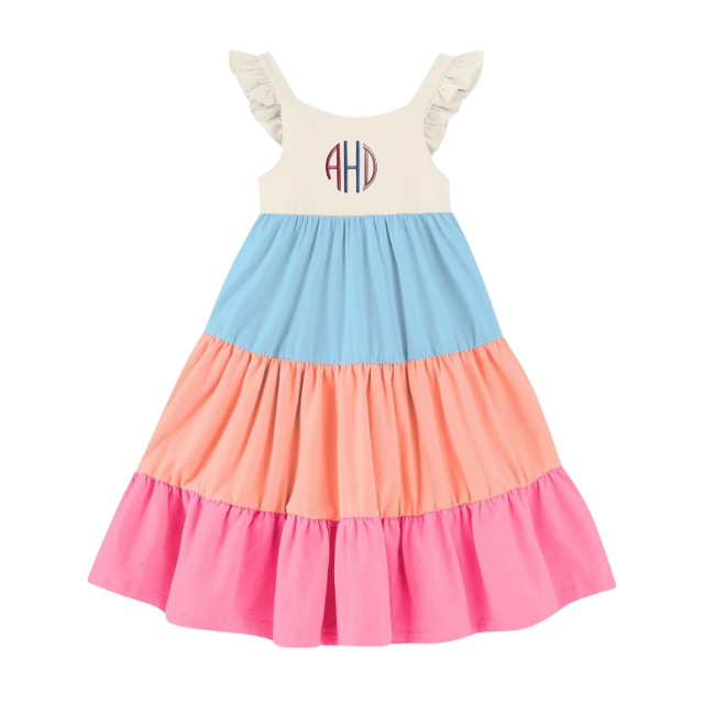 Girls Embroidered Monogram Ruffle Sleeveless Dress