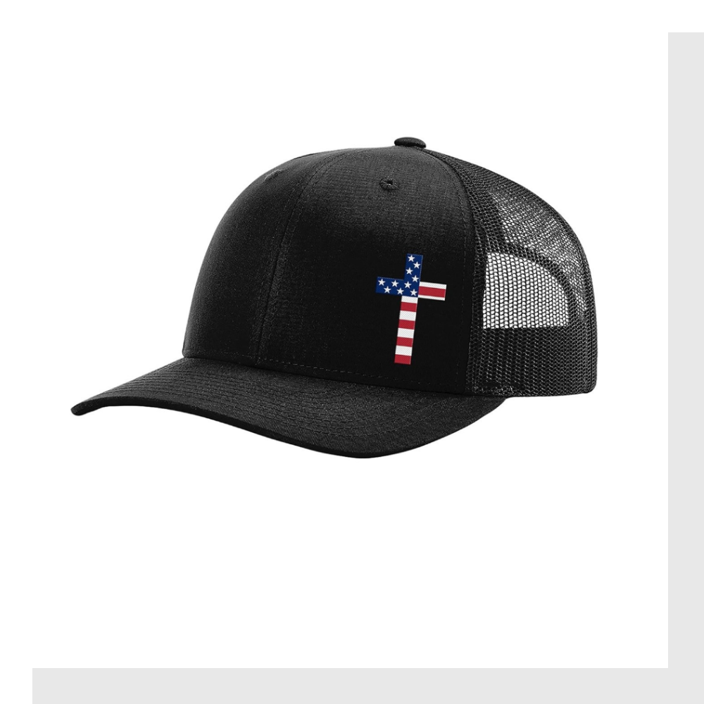 Embroidered American Flag Filled Cross Trucker Hat
