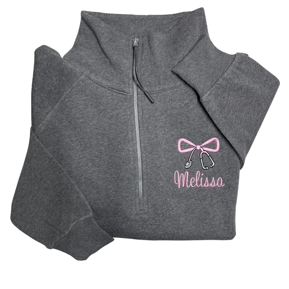 Embroidered Bow Stethoscope Ladies Boxy 1/2 Zip Fleece