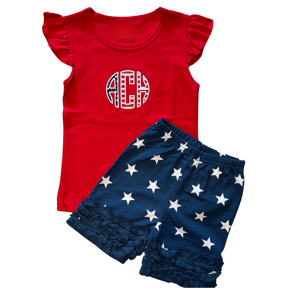 Girls Applique Stars & Stripes Monogram Short Set
