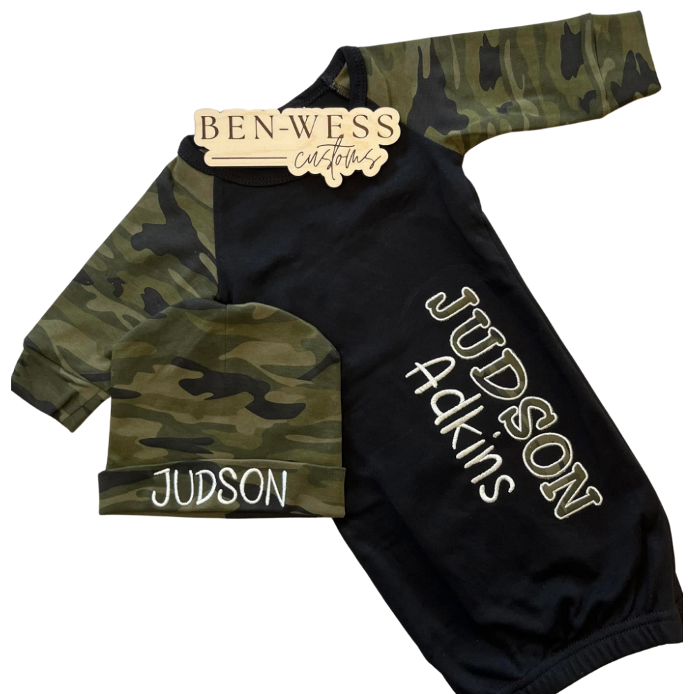 Customized Embroidered Applique Camo & Black Gown & Hat Set