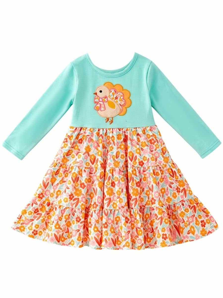 Thanksgiving Turkey Appliqué Floral Tiered Girls Dress
