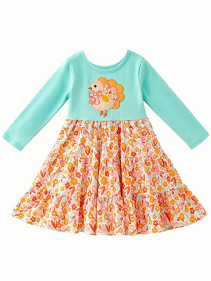 Thanksgiving Turkey Appliqué Floral Tiered Girls Dress