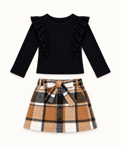 Classic Plaid Ruffled Top and Brushed Fleece Skirt Set