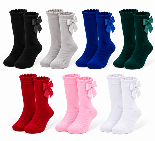 Girls Bow Socks – Boutique Kids Socks, 6 Colors (Sizes 6m-7y)