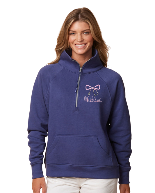 Embroidered Bow Stethoscope Ladies Boxy 1/2 Zip Fleece