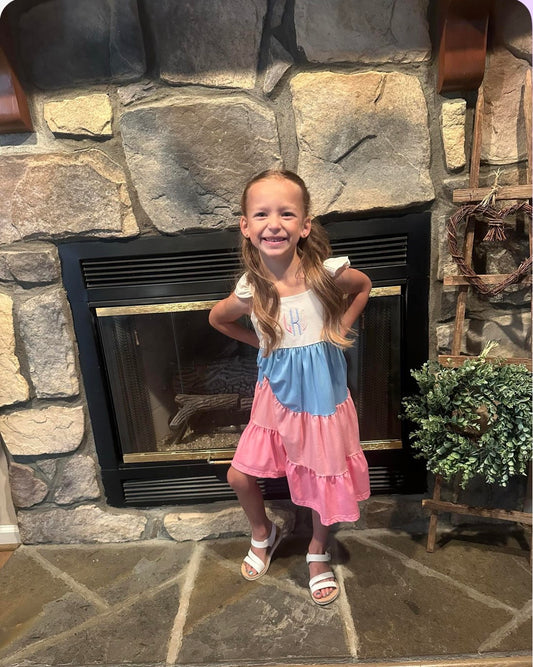 Girls Embroidered Monogram Ruffle Sleeveless Dress