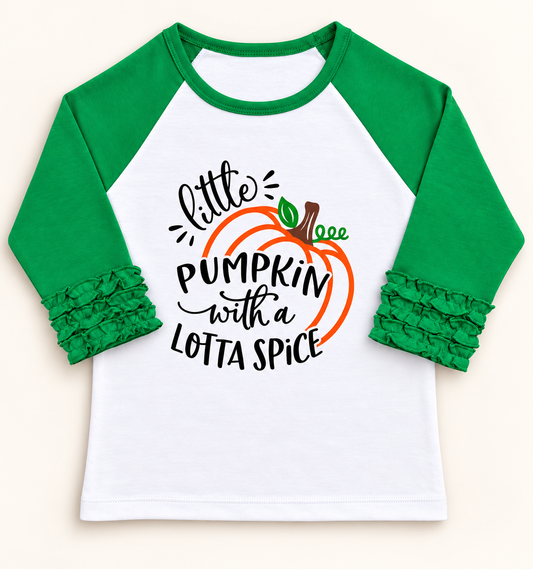 Little Pumpkin With a Lotta Spice Ruffle Sleeve Raglan Tee