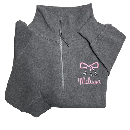 Embroidered Bow Stethoscope Ladies Boxy 1/2 Zip Fleece
