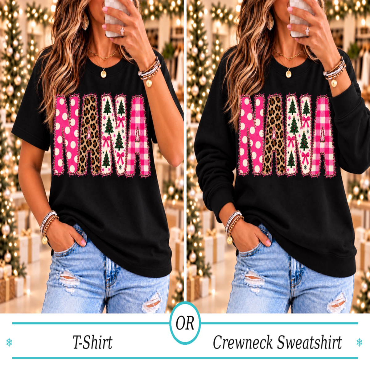 Christmas NANA Graphic Tee or Crewneck Sweatshirt | Festive Grandma Apparel