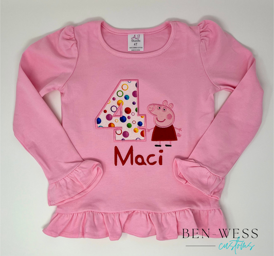 Girls Pig Applique Birthday Shirt