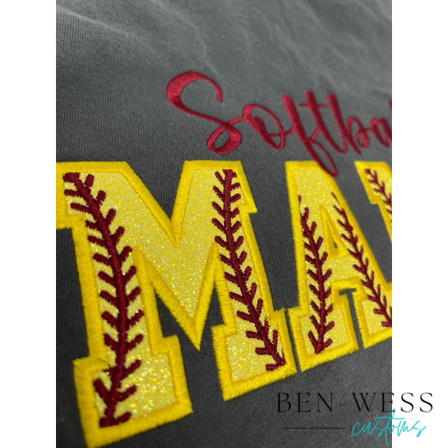 Embroidery Glitter Applique Softball Mom Tee