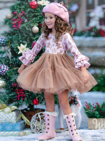 Sweet Gingerbread Friends Pink Ruffle Sleeve Tutu Dress