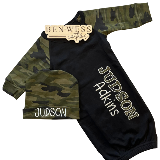 Customized Embroidered Applique Camo & Black Gown & Hat Set