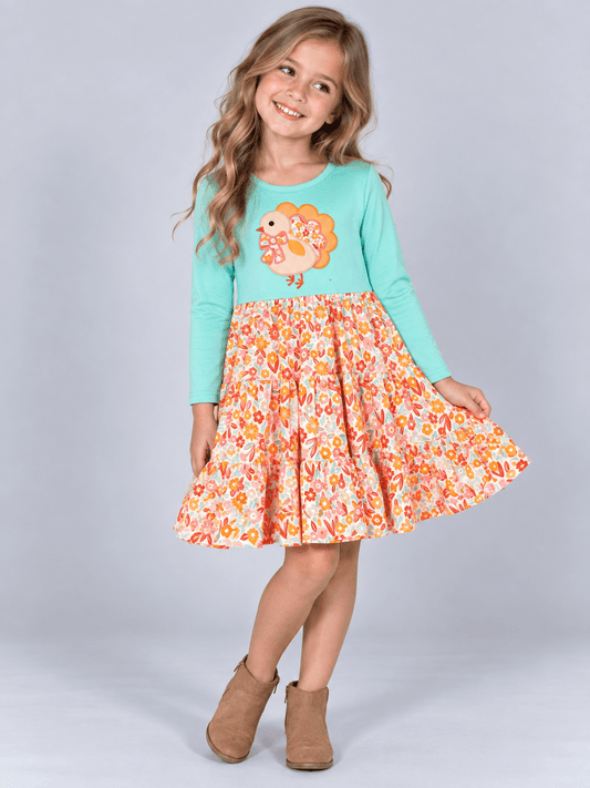 Thanksgiving Turkey Appliqué Floral Tiered Girls Dress